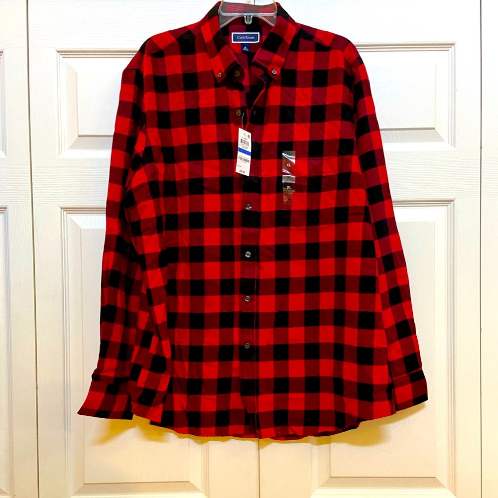 🆕NEW-MEN’S CLUB ROOM BY MACY’S FLANNEL RED AND BLACK PLAID BUTTON DOWN SHIRT. - Picture 9 of 16